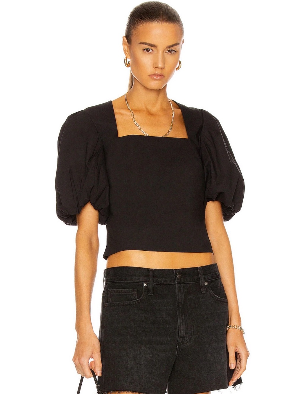FRAME Nina Cropped Blouse Black Puff Sleeve Square Neck M
